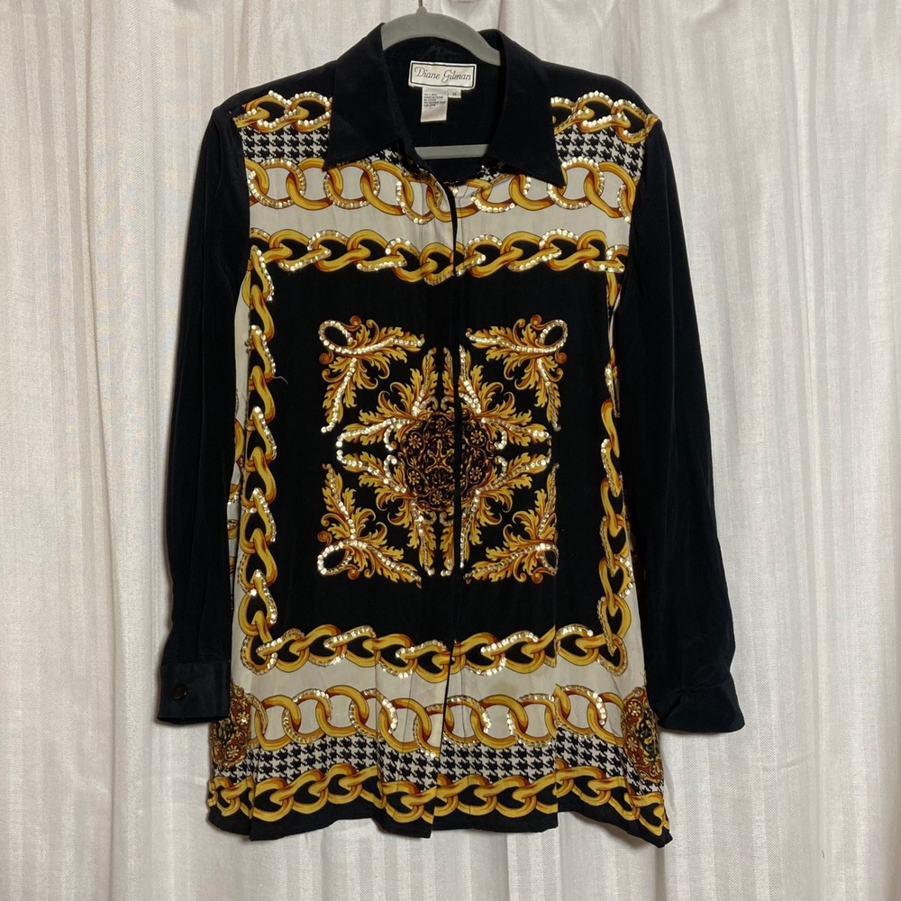 Diane Gilman 100% Silk Baroque Gold Chain Sequin Button Down Shirt Black M *Read